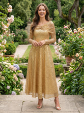 A-Line Glitter Sequin Tulle Off Shoulder Long Sleeves Prom Dresses Tea-Length Evening Party Gowns