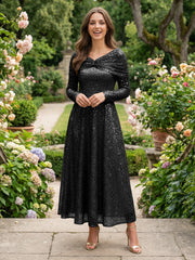 A-Line Glitter Sequin Tulle Off Shoulder Long Sleeves Prom Dresses Tea-Length Evening Party Gowns