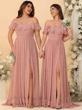 A-Line/Princess Cold Shoulder Tiered Sleeve Floor-Length Bridesmaid Dresses with Flower
