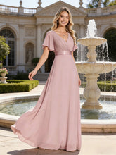 A-Line V-Neck Short Sleeve Ruched Chiffon Floor-Length Bridesmaid Dresses