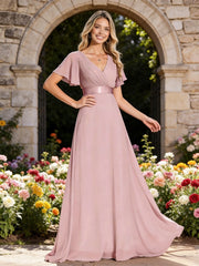 A-Line V-Neck Short Sleeve Ruched Chiffon Floor-Length Bridesmaid Dresses