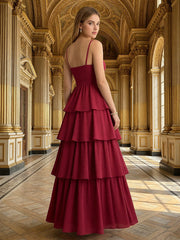 A-Line Spaghetti Strap Sweetheart Tiered Ruffle Floor-Length Bridesmaid Dresses
