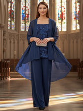 3 Pieces Chiffon Appliques 3/4 Sleeves Mother of the Bride or Groom Pantsuits with Jacket