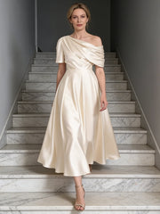 A-Line/Princess Asymmetrical Pleated Satin Tea-Length Mother of the Bride Dresses with Pockets