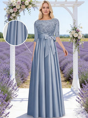 A-Line/Princess Lace Appliques Satin Floor-Length Mother of the Bride Dresses with Bow