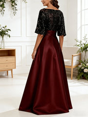 A-Line/Princess Boat Neck Satin Sparkly Sequins Floor-Length Mother of the Bride Dresses with Belt