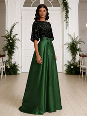 A-Line/Princess Boat Neck Satin Sparkly Sequins Floor-Length Mother of the Bride Dresses with Belt