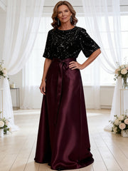A-Line/Princess Boat Neck Satin Sparkly Sequins Floor-Length Mother of the Bride Dresses with Belt