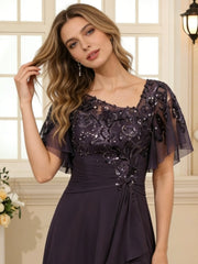 A-Line/Princess Asymmetrical Pleated Ruffle Tea-Length Mother of the Bride Dresses with Sequins