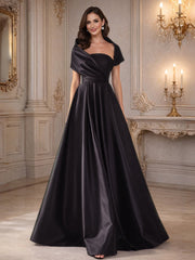 A-Line/Princess Asymmetrical Cape Sleeves Satin Floor-Length Mother of the Bride Dresses with Pleats