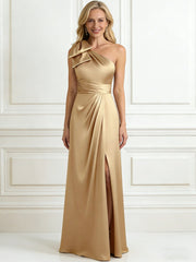 A-Line/Princess One Shoulder Pleated Satin Floor-Length Mother of the Bride Dresses with Slit & Bow