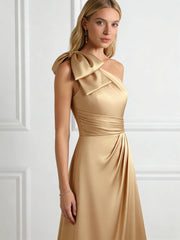 A-Line/Princess One Shoulder Pleated Satin Floor-Length Mother of the Bride Dresses with Slit & Bow
