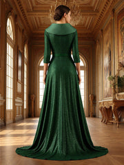 A Line V Neck Sequined Long Mother of the Bride Dresses with Belt Slit Side