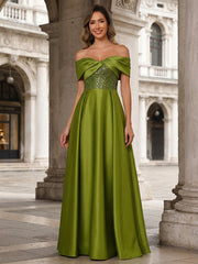 A-Line/Princess Off Shoulder Ruched Long Mother of the Bride Dresses with Satin