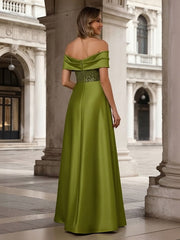 A-Line/Princess Off Shoulder Ruched Long Mother of the Bride Dresses with Satin
