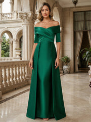 A-Line Off Shoulder Short Sleeve Long Ruched Mother of the Bride Dresses