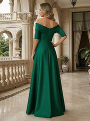 A-Line Off Shoulder Short Sleeve Long Ruched Mother of the Bride Dresses