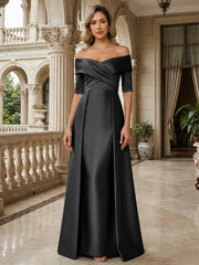 A-Line Off Shoulder Short Sleeve Long Ruched Mother of the Bride Dresses