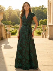 A Line/Princess V Neck Long Jacquard Mother of the Bride Dresses with Bow