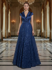 A Line/Princess V Neck Sequined Elegant Mother of the Bride Dresses with Lace Appliques
