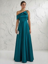 A Line One Shoulder Pleated Floor Length Mother of the Bride Dresses with Rhinestones