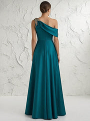 A Line One Shoulder Pleated Floor Length Mother of the Bride Dresses with Rhinestones