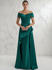 A Line Off Shoulder Floor Length Ruched Mother of the Bride Dresses