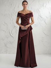 A Line Off Shoulder Floor Length Ruched Mother of the Bride Dresses
