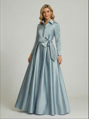 A Line Long Sleeve Floor Length Beaded Mother of the Bride Dresses with Belt