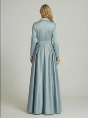 A Line Long Sleeve Floor Length Beaded Mother of the Bride Dresses with Belt