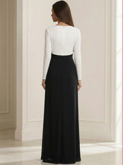 A Line V Neck Long Sleeve Simple Ruched Mother of the Bride Dresses with Belt