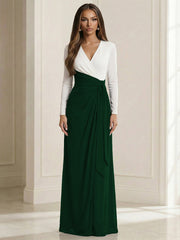 A Line V Neck Long Sleeve Simple Ruched Mother of the Bride Dresses with Belt