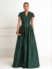 A Line V Neck Short Sleeve Sequined Elegant Mother of the Bride Dresses with Pleats