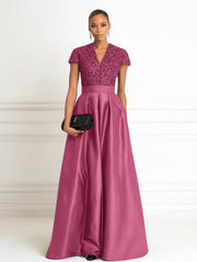 A Line V Neck Short Sleeve Sequined Elegant Mother of the Bride Dresses with Pleats