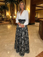 A Line Deep V Neck Long Sleeve Jacquard Mother of the Bride Dresses with Belt