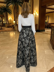 A Line Deep V Neck Long Sleeve Jacquard Mother of the Bride Dresses with Belt