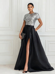 A Line/Princess Scoop Short Sleeve Floor Length Mother of the Bride Dresses with Split Side Women Formal Gowns