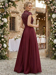 A Line/Princess Stand Collar Short Sleeve Long Elegant Mother of the Bride Dresses