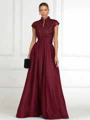 A Line/Princess Stand Collar Short Sleeve Long Elegant Mother of the Bride Dresses