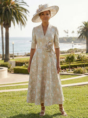 A-Line Jacquard Half Sleeve V-Neck Tea-Length Mother of the Bride Dresses with Flower