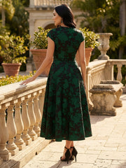 A-Line Jacquard Cap Sleeve V-Neck Tea-Length Mother of the Bride Dresses