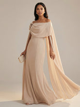 A-Line Chiffon Off-Shoulder Drape Floor-Length Mother of the Bride Dresses with Applique