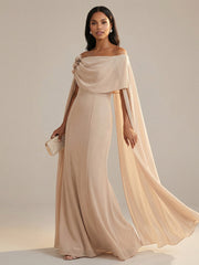A-Line Chiffon Off-Shoulder Drape Floor-Length Mother of the Bride Dresses with Applique