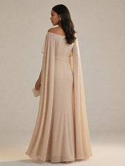 A-Line Chiffon Off-Shoulder Drape Floor-Length Mother of the Bride Dresses with Applique
