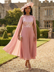A-Line Pleated Chiffon & Sequin Round Neck Ankle-Length Mother of the Bride Dresses with Cape