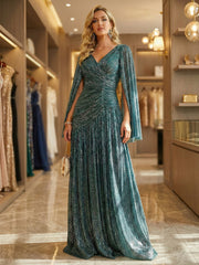 A Line/Princess V Neck Long Sleeve Mother of the Bride Dresses With Pleats
