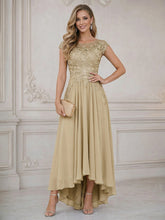 A Line Scoop Asymmetrical Pleated Mother of the Bride Dresses with Lace Appliques