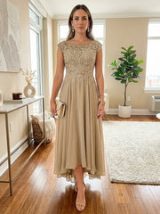 A Line Scoop Asymmetrical Pleated Mother of the Bride Dresses with Lace Appliques