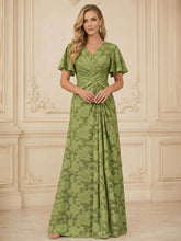 A Line V Neck Short Sleeve Floral Chiffon Ruched Mother of the Bride Dresses