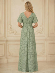 A Line V Neck Short Sleeve Floral Chiffon Ruched Mother of the Bride Dresses